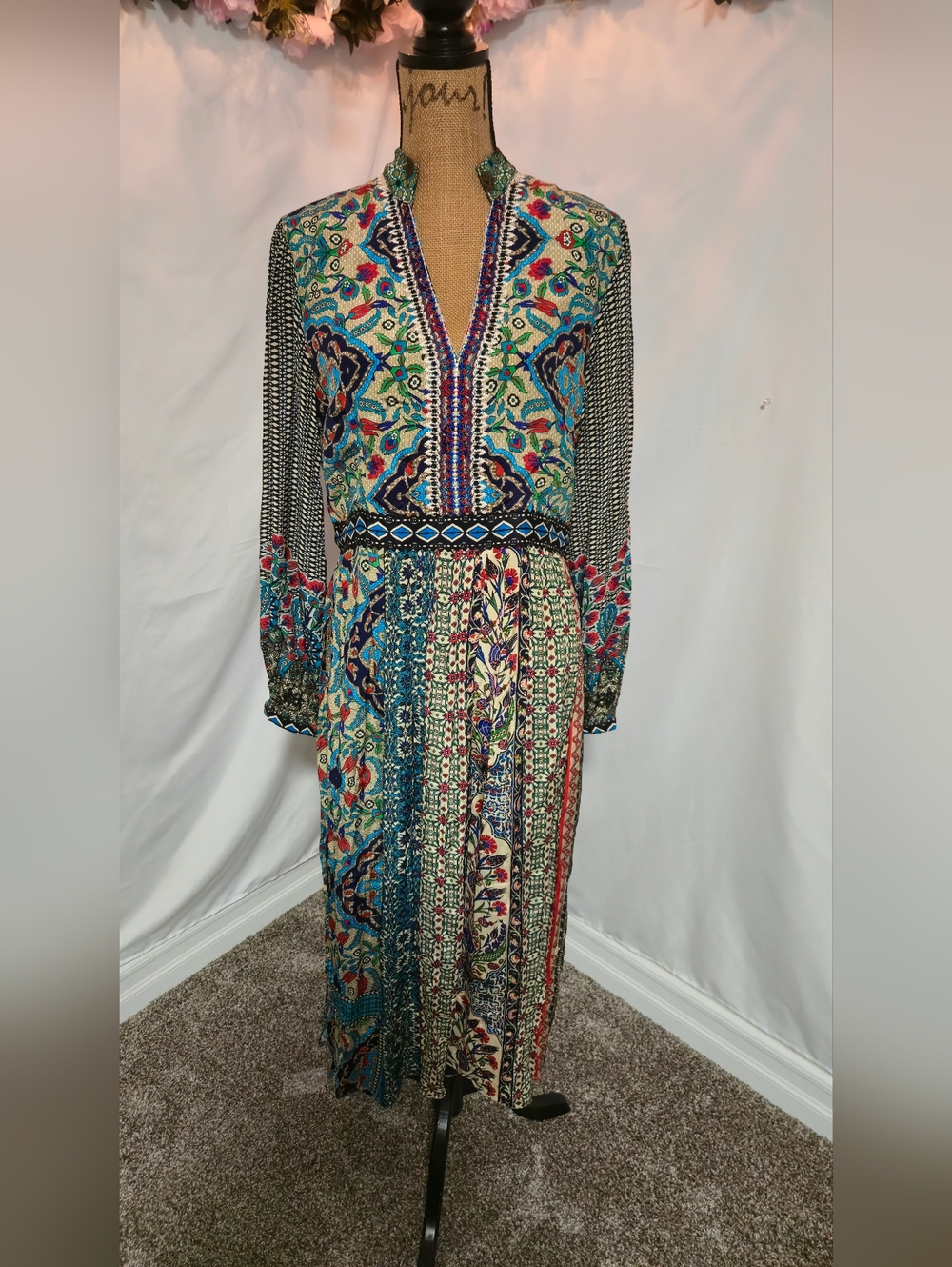 Boho Patchwork Maxi Dress in Teal and Navy